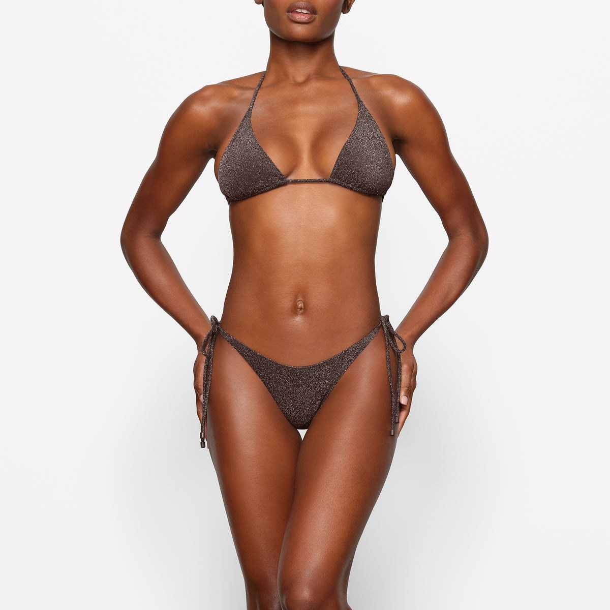 SKIMS Glitter Swim Triangle Tie Bikiny Top Cocoa | UM9125068