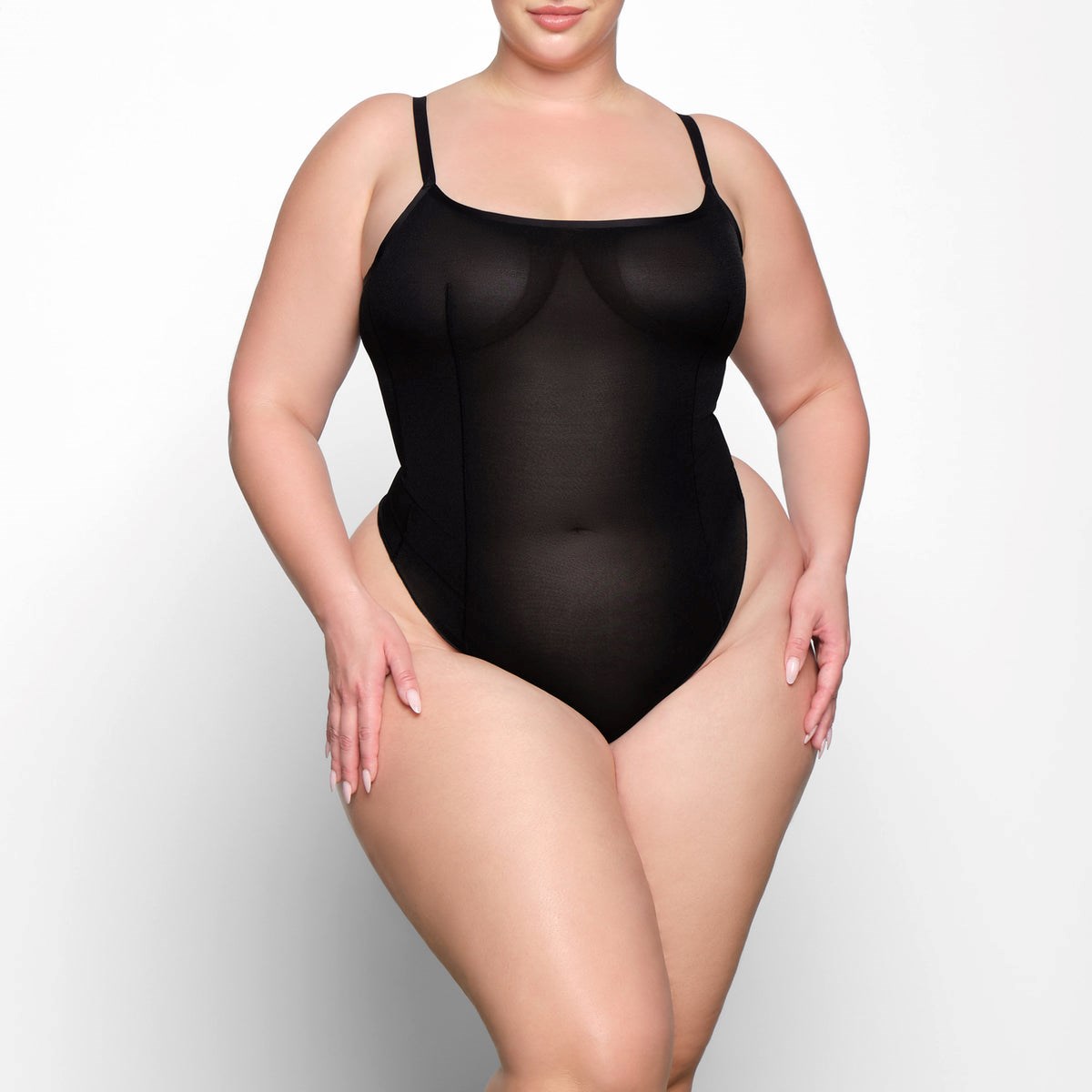 SKIMS Sheer Sculpt Tanga Bodysuit Onyx | SE3792456